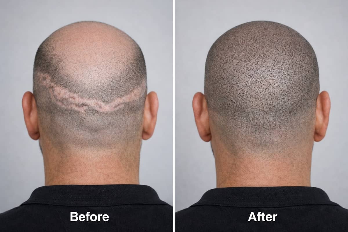 Before and after scalp micropigmentation camouflaging a scar so it blends with the surrounding hair at Kennedy SMP Studio
