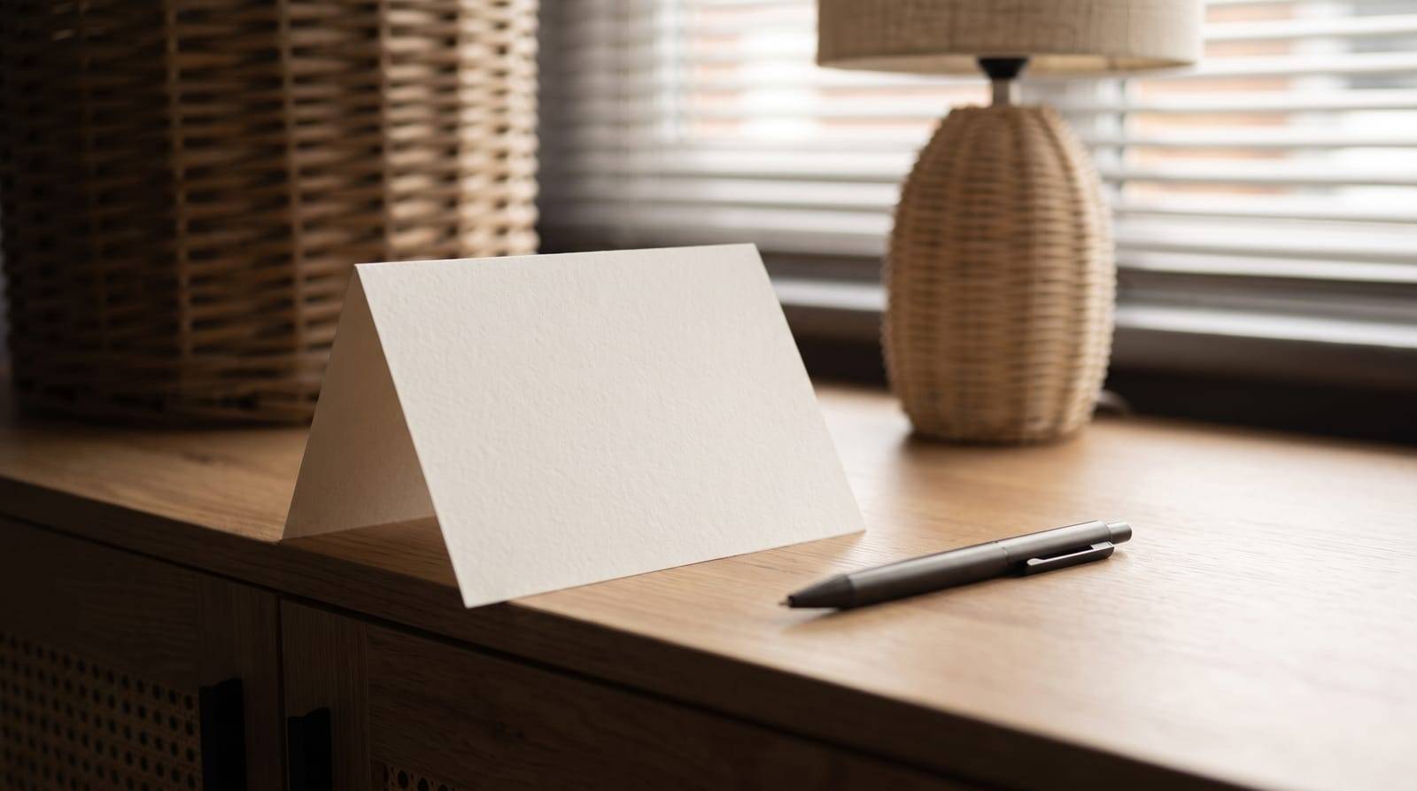A plain folded aftercare card and a pen resting on the desk at Kennedy SMP Studio, the written guidance you take home after a session