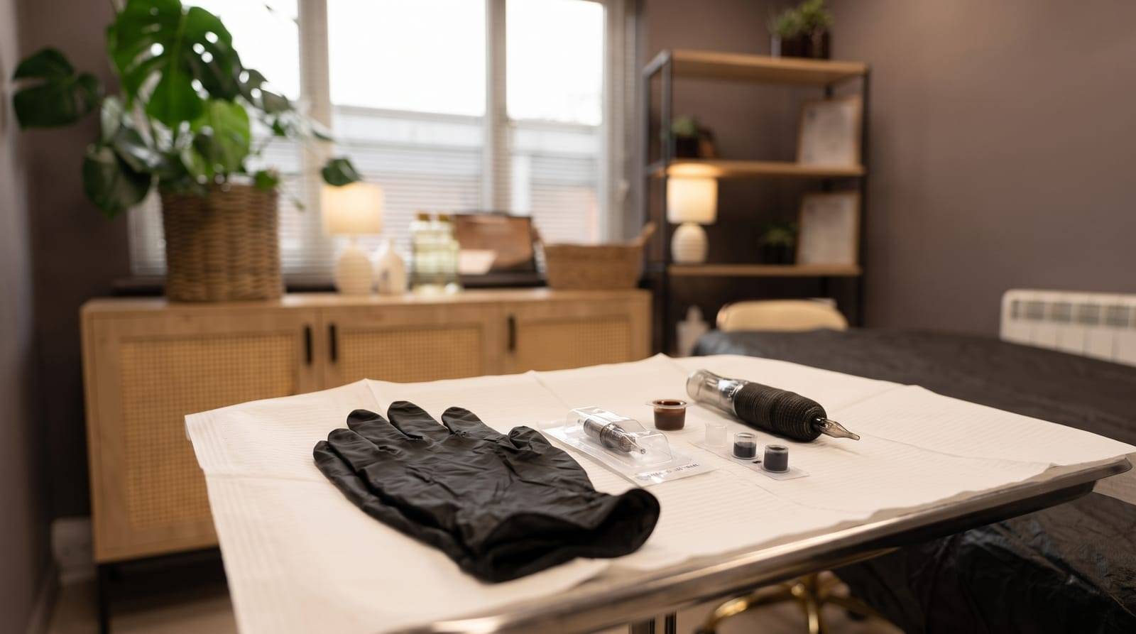 A freshly prepared, hygienic scalp micropigmentation workstation at Kennedy SMP Studio, with a clean paper drape, disposable gloves and a sealed single-use set-up ready before an appointment