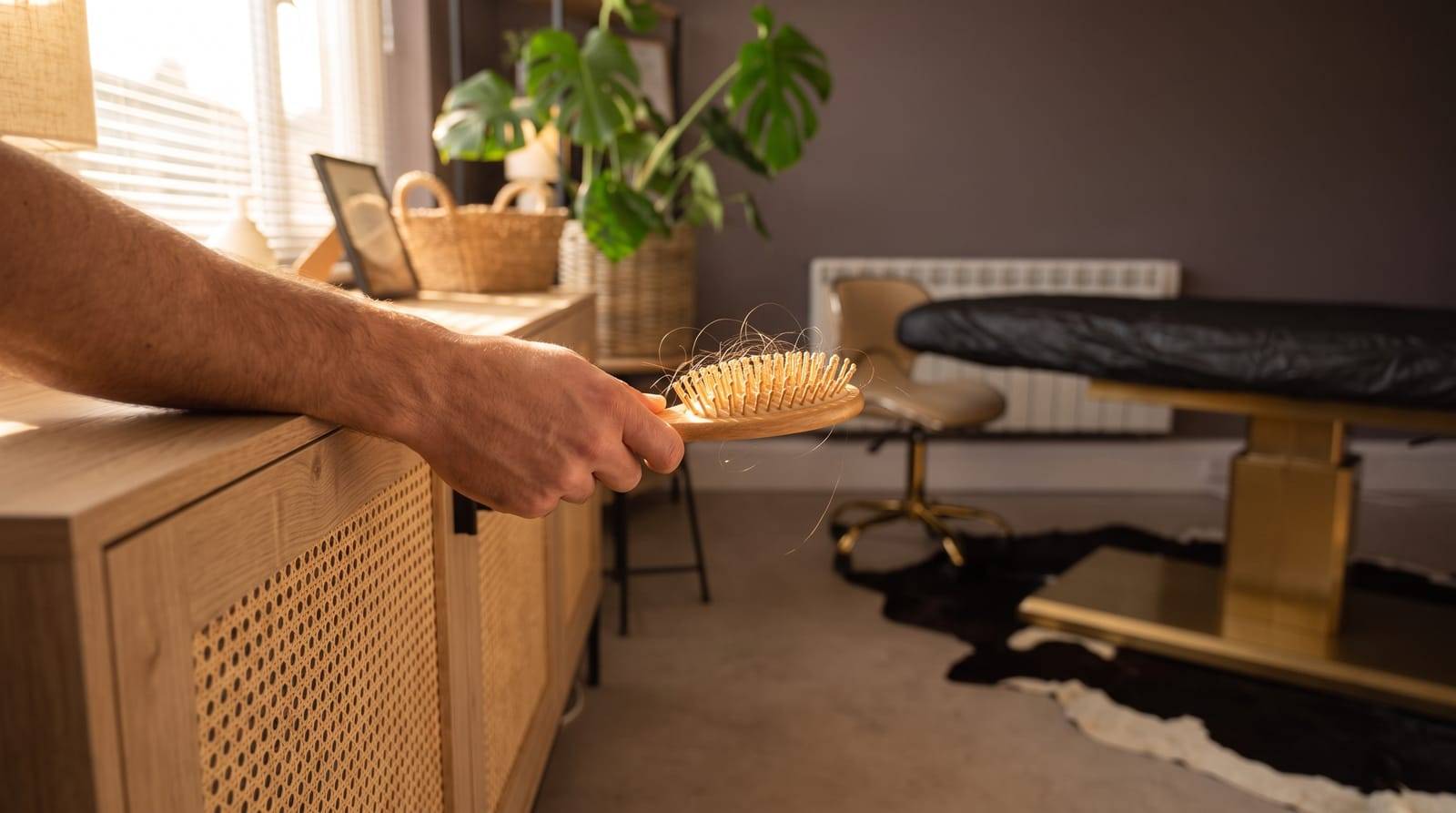 A hand holding a wooden hairbrush with a few natural strands of hair caught in the bristles, in soft autumn light at Kennedy SMP Studio in Haverhill