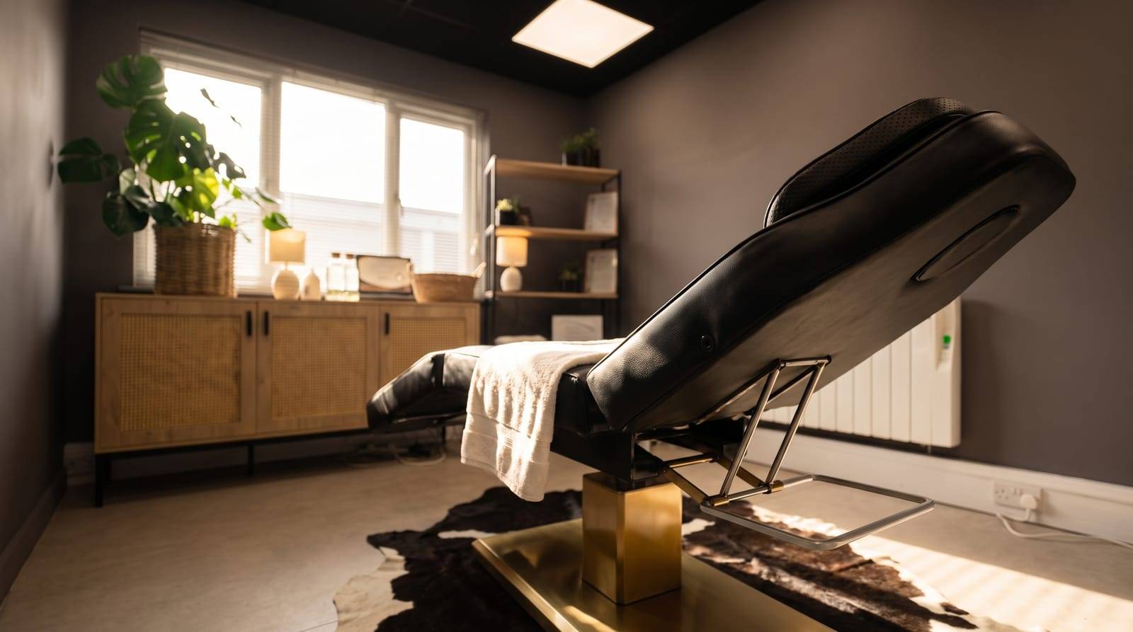 The calm treatment room at Kennedy SMP Studio in Haverhill, where a scalp micropigmentation before-and-after is planned and built over a course of sessions