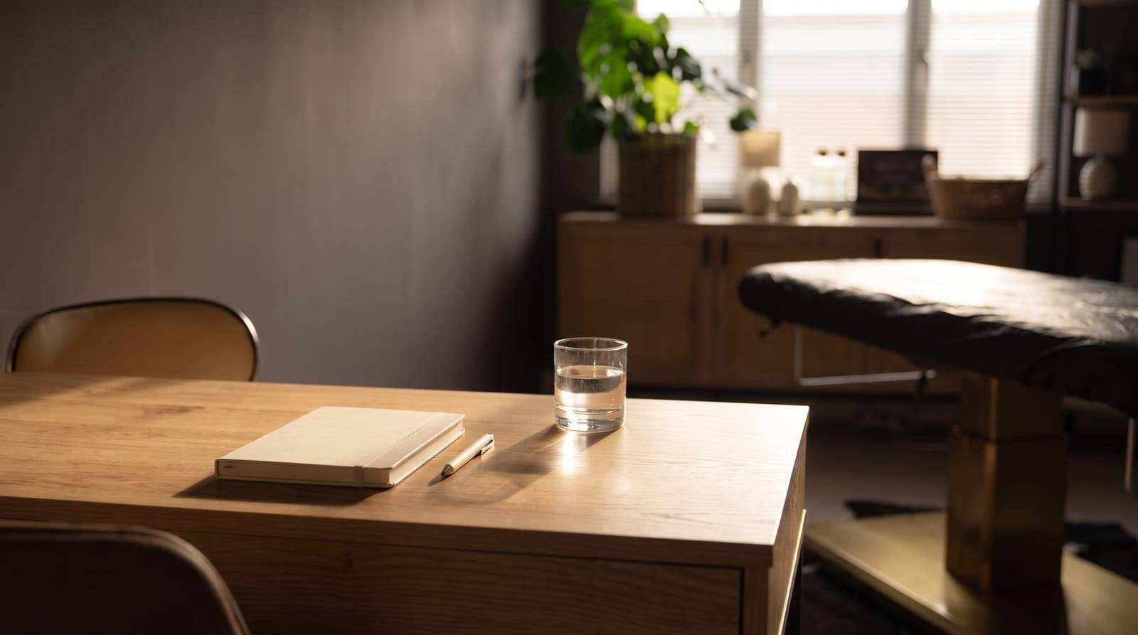 A calm consultation desk at Kennedy SMP Studio, set with a notebook and pen ready to plan a treatment