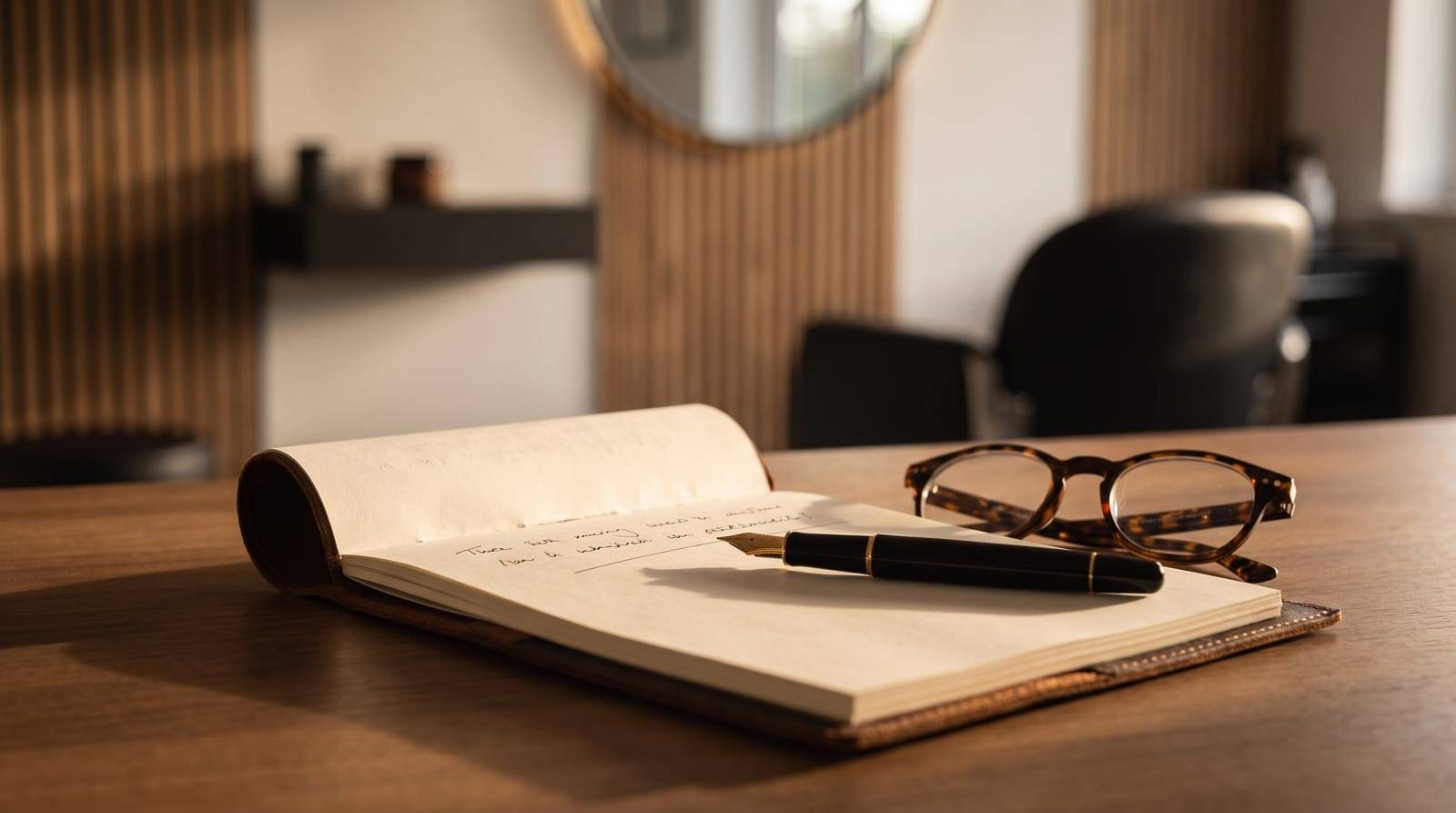 An open notepad and pen on the desk at Kennedy SMP Studio in Haverhill, where the honest options for a thinning crown are talked through unhurried