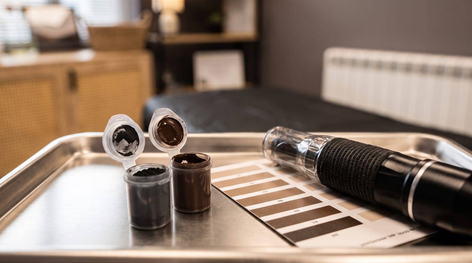 Pigment caps and a shade-matching card laid out on a tray beside the machine handpiece at Kennedy SMP Studio in Haverhill, the tools used to match density to your own hair