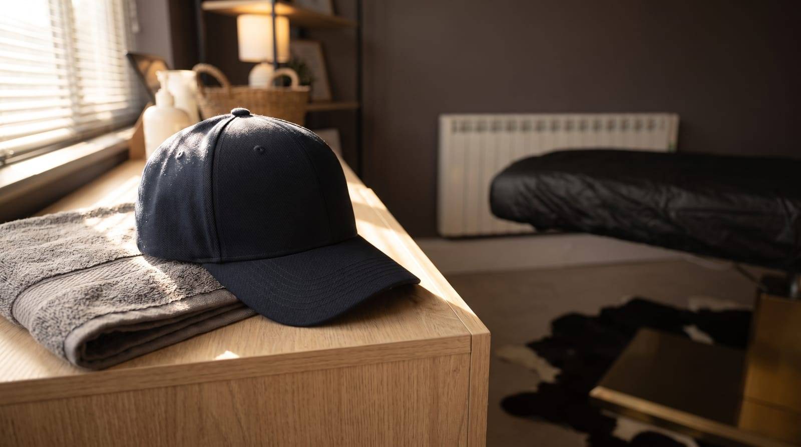 A plain navy baseball cap resting on a pale wooden bench beside a folded grey towel, low window light across it and the treatment room out of focus behind, at Kennedy SMP Studio in Haverhill