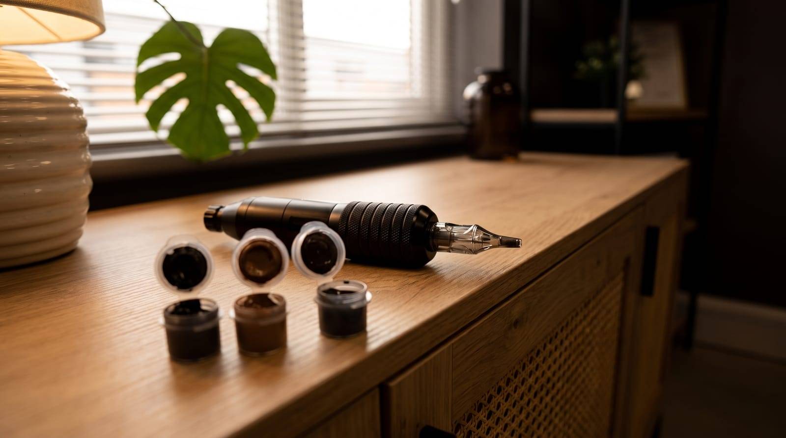 Graded pigment shade caps and a machine handpiece catching low warm light on the studio desk at Kennedy SMP Studio in Haverhill, the honest conversation about what actually helps hair loss