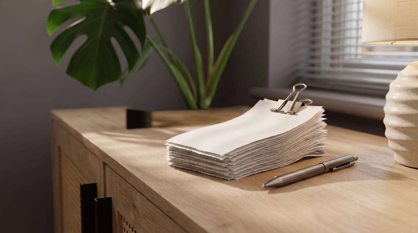 A thick stack of plain paper slips held with a bulldog clip beside a pen on a studio desk, standing in for years of repeat hair system payments