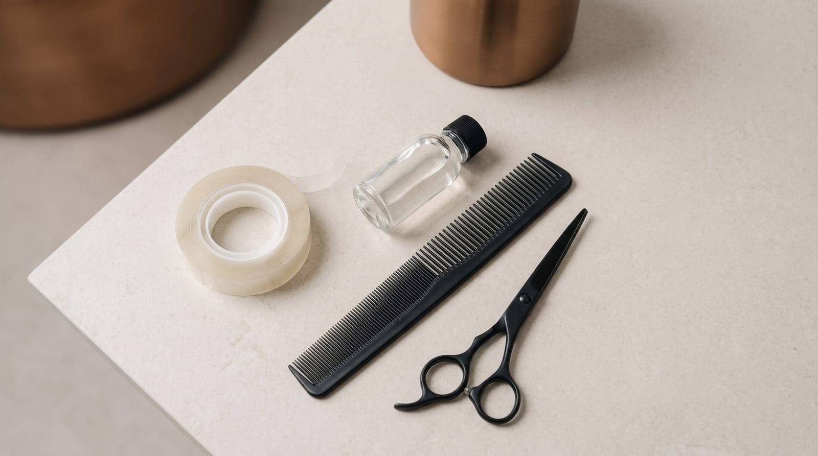 A roll of clear bonding tape, a small unlabelled bottle, a fine comb and hairdressing scissors laid out on a pale surface, the kit behind a routine hair system refit