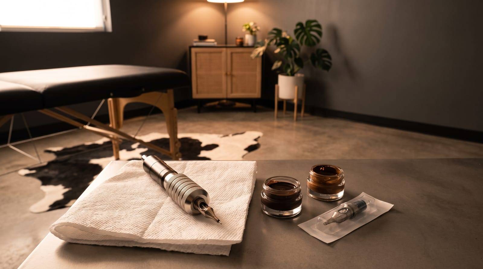 The SMP machine handpiece resting beside small pigment pots on a clean studio surface at Kennedy SMP Studio in Haverhill, the kit behind a hair tattoo