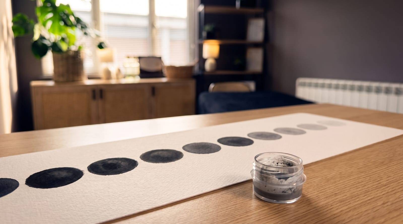 Black SMP pigment diluted to graded grey tones on a mixing card at Kennedy SMP Studio in Haverhill, the soft grey that makes a hair tattoo read as real stubble