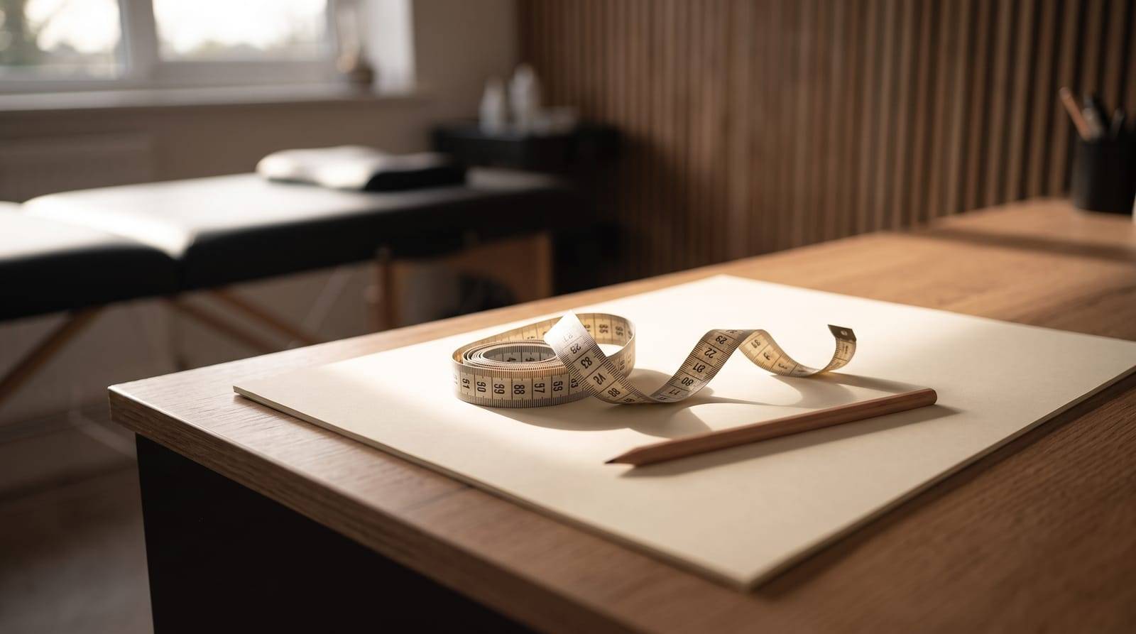 A tape measure coiled loosely across a blank sheet of paper on the consultation desk at Kennedy SMP Studio, Haverhill, the planning work behind sizing up a real area rather than guessing a graft count