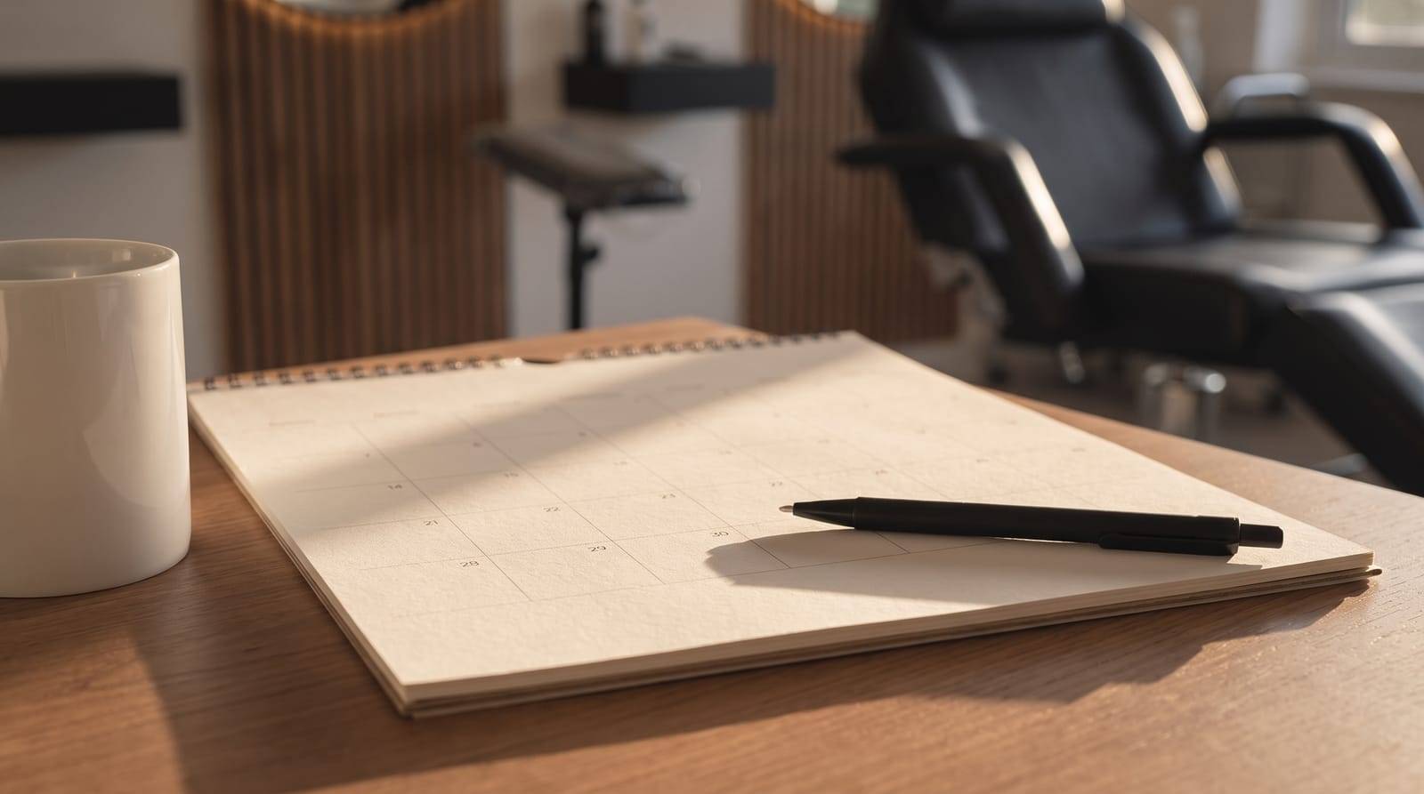 A desk calendar lying open on a table in the Kennedy SMP Studio consulting room, with a pen resting across it, marking the months a hair transplant needs before the result can be judged