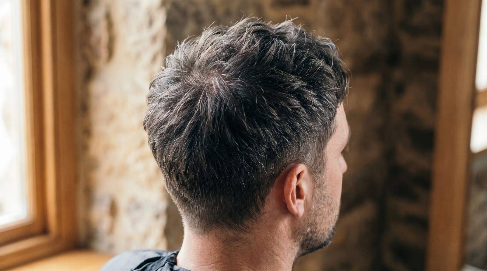 A short, textured crop styled with light product on the back and side of the head, no face in frame