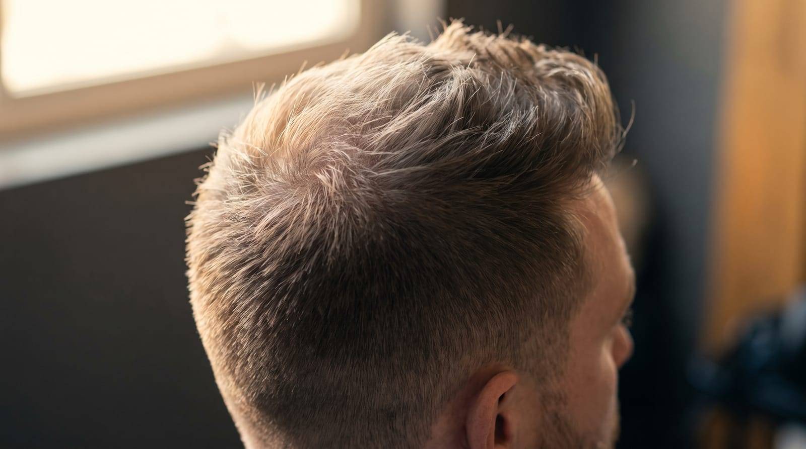 The back and side of a man's head with a short back-and-sides cut, the top left longer and styled up with light texture, no face in frame