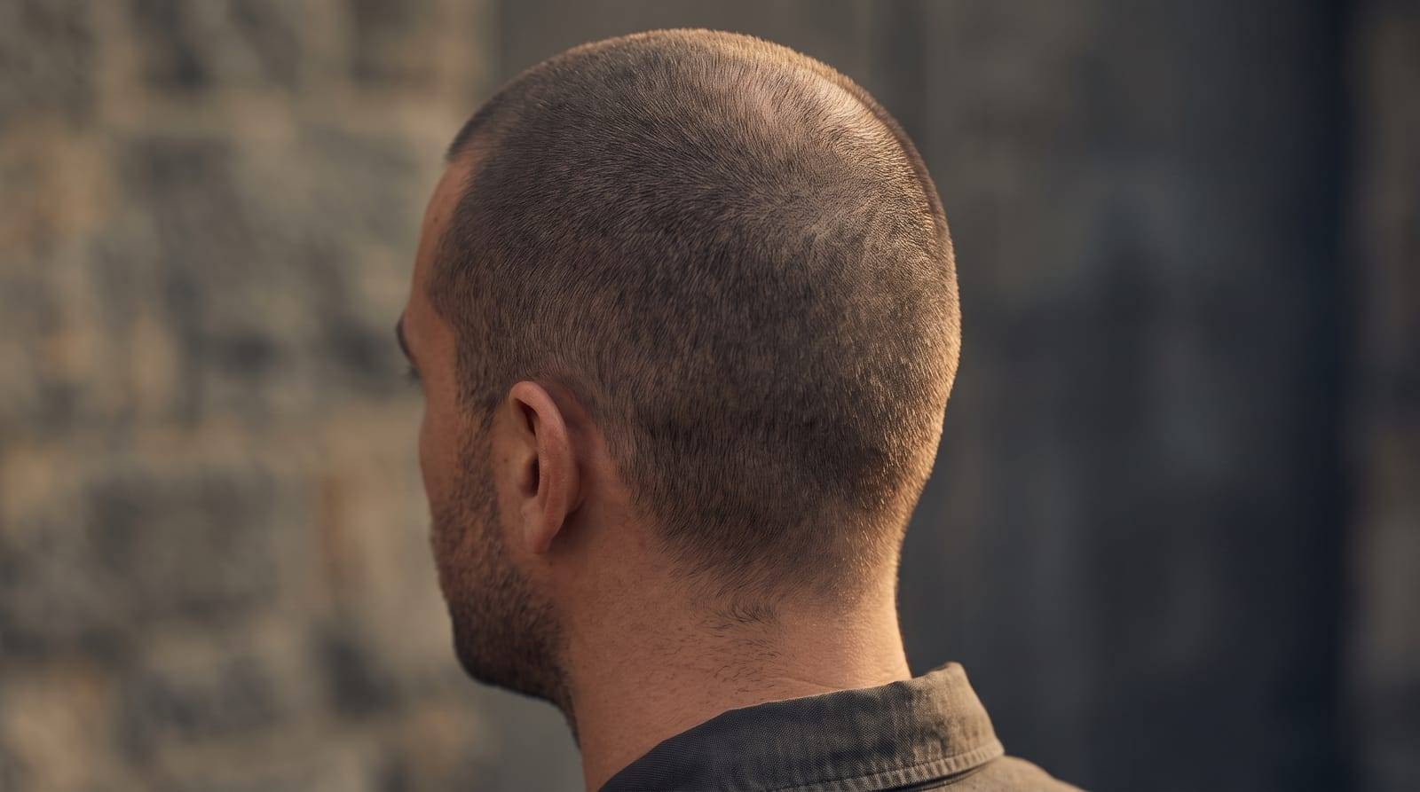 The back and side of a man's head with a short, uniform buzz cut, all one even length including the crown, no face in frame