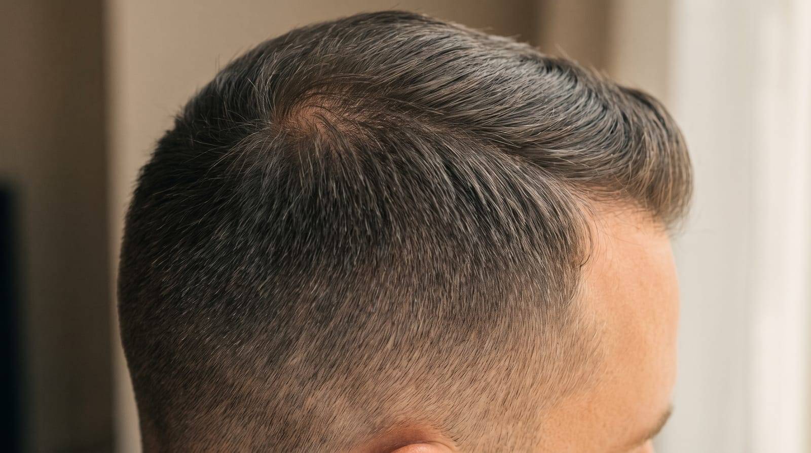 The back and side of a man's head with a classic crew cut, short and even at the sides blending into a slightly longer combed top, no face in frame