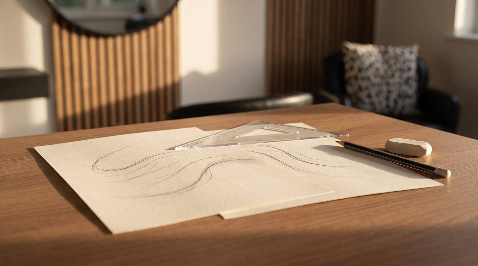 Freehand pencil curves drawn on loose sheets of paper with a clear set square, pencil and eraser on the desk at Kennedy SMP Studio in Haverhill, the planning stage where a hairline shape is worked out on paper
