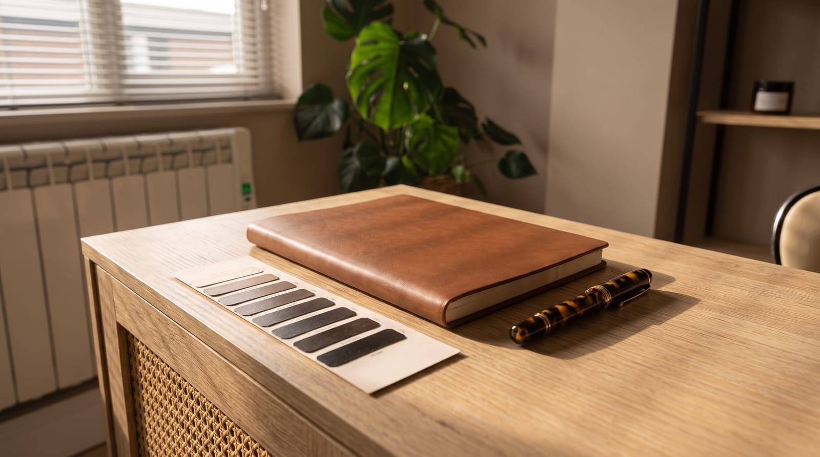 A closed notebook, a graded shade card and a pen on the consultation desk at Kennedy SMP Studio in Haverhill, where each stage and its options are talked through unhurried
