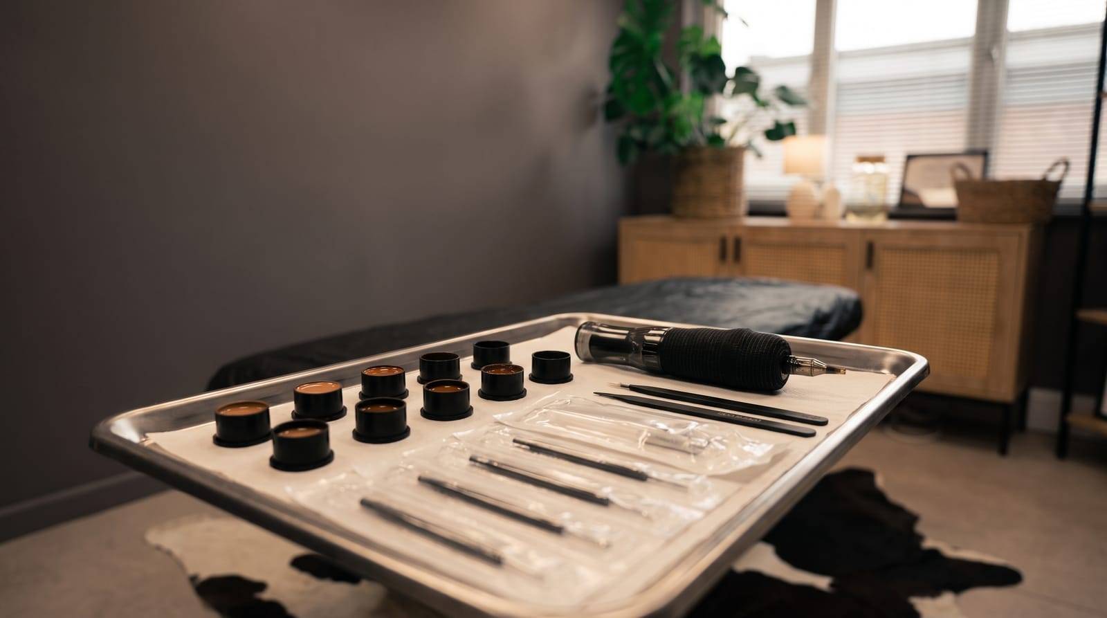 Scalp micropigmentation pigments and single-use tools laid out ready on a steel tray at Kennedy SMP Studio, the equipment behind a natural result