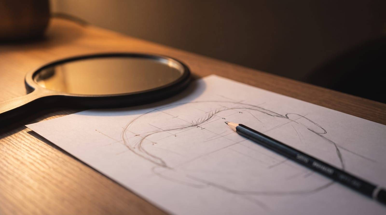 A hairline-design sketch and a hand mirror on the desk at Kennedy SMP Studio in Haverhill, where a natural hairline is planned