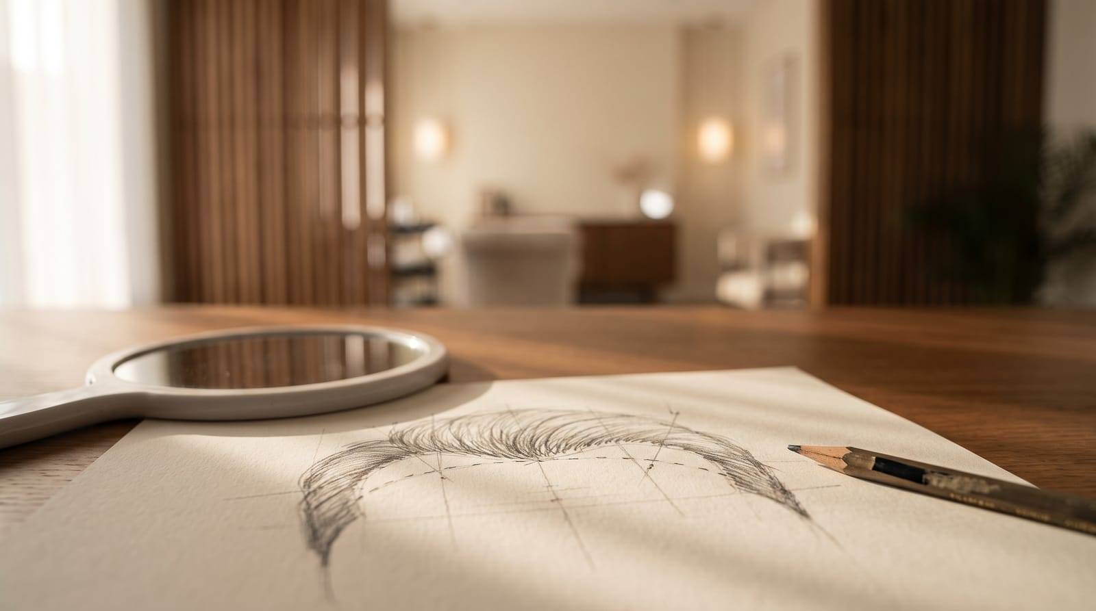 A hairline-design sketch and a hand mirror resting on the consultation desk at Kennedy SMP Studio in Haverhill, where a natural hairline is planned