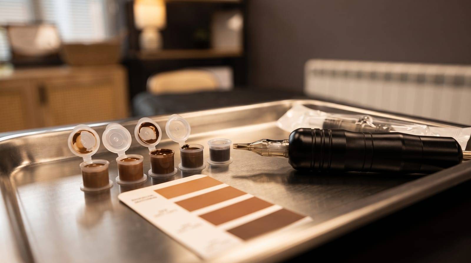 Pigment caps and single-use tools laid out on a clean tray beside the machine handpiece at Kennedy SMP Studio in Haverhill, the kit used to match a hairline to your own colouring