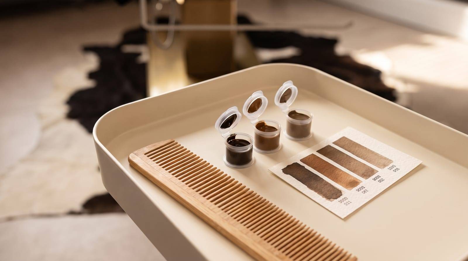 A fine comb resting beside graded pigment shade caps on a tray at Kennedy SMP Studio, the tools behind blending density into existing hair