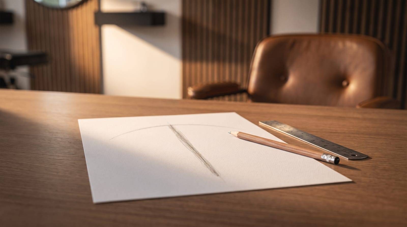 A design sheet on the desk at Kennedy SMP Studio with a single soft pencil line widening down the page, mapping how a parting can be planned for