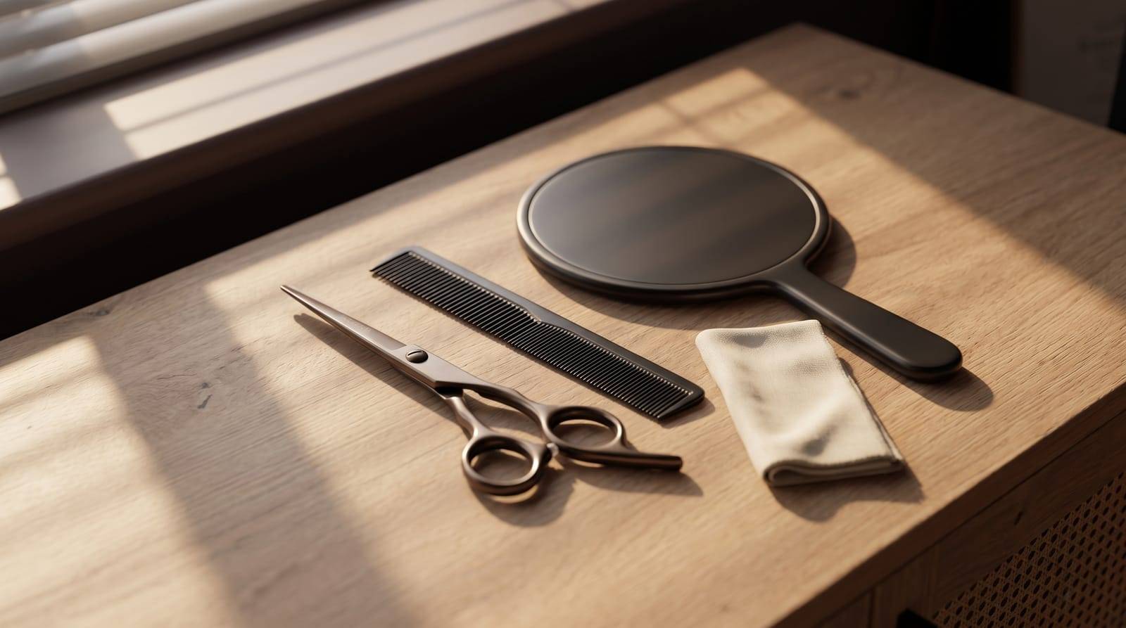 Barber scissors and a fine comb laid beside a face-down hand mirror on the studio worktop