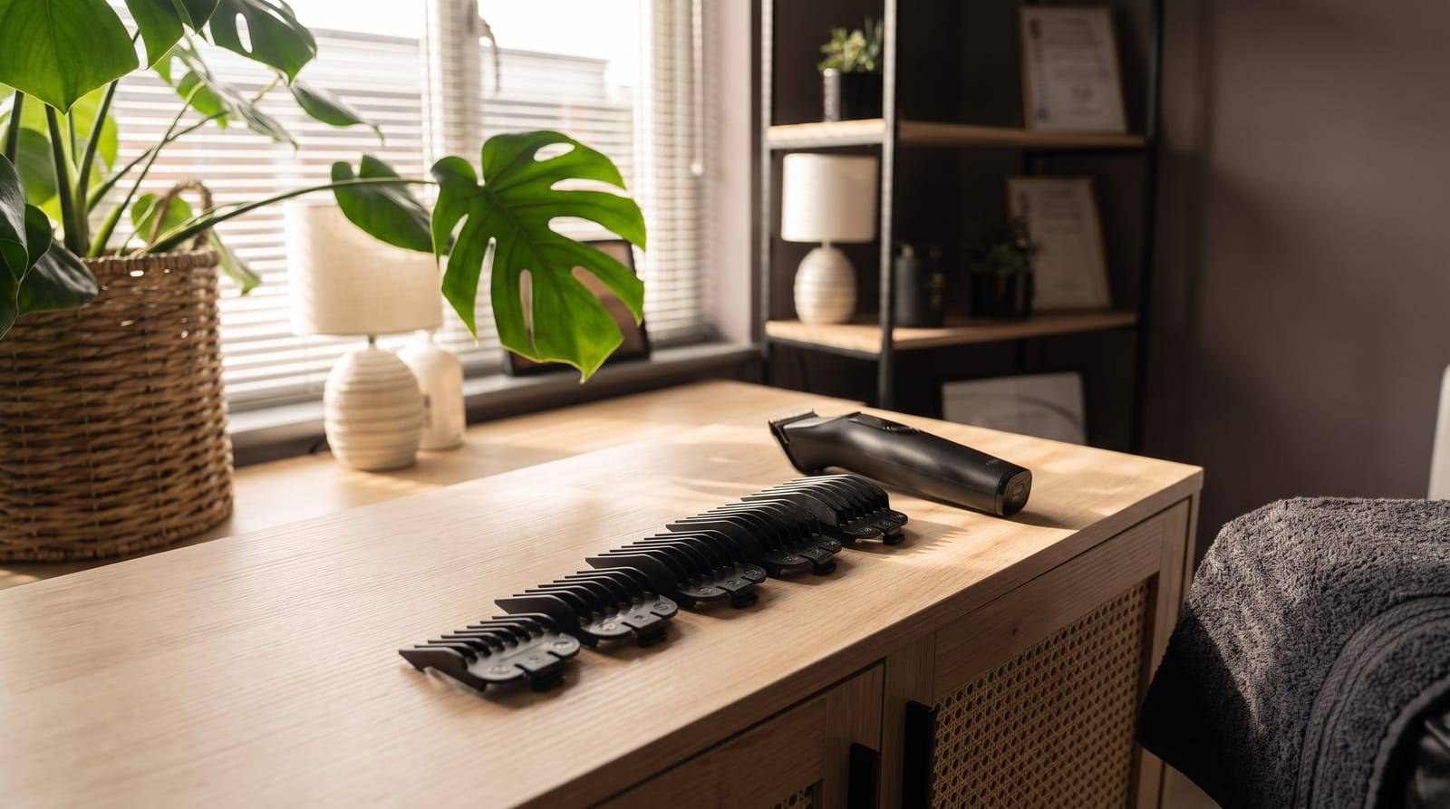 A row of clipper guard combs laid out smallest to largest beside a trimmer on the worktop at Kennedy SMP Studio in Haverhill