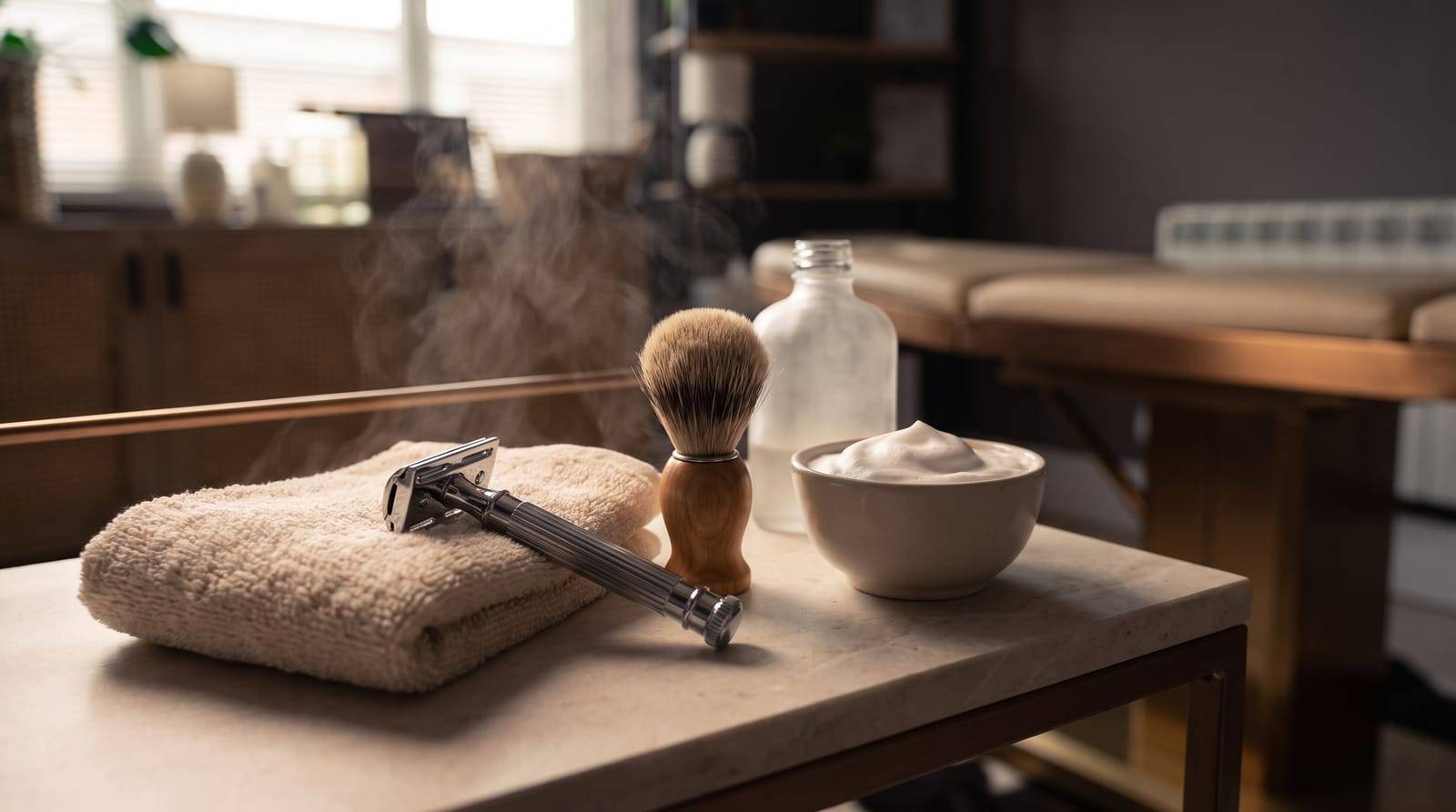 A safety razor on a folded warm towel with a shaving brush and bowl of lather