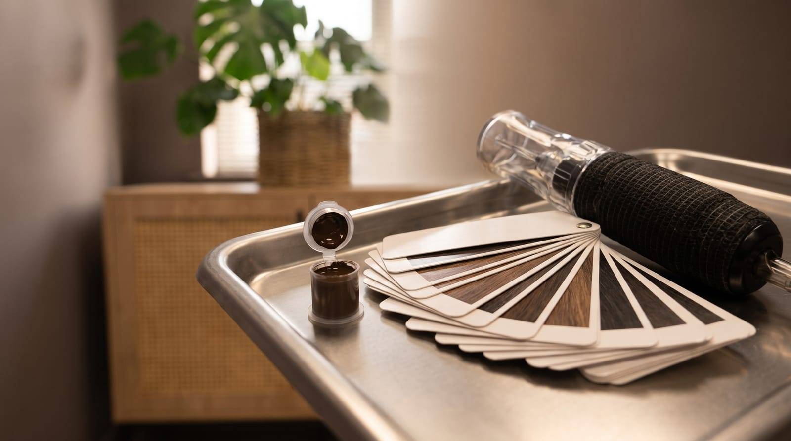 A small cap of dark pigment, a shade-matching card and the machine handpiece laid out on the clean desk at Kennedy SMP Studio, Haverhill, the tools used to bring a faded result back to its original crispness at a touch-up