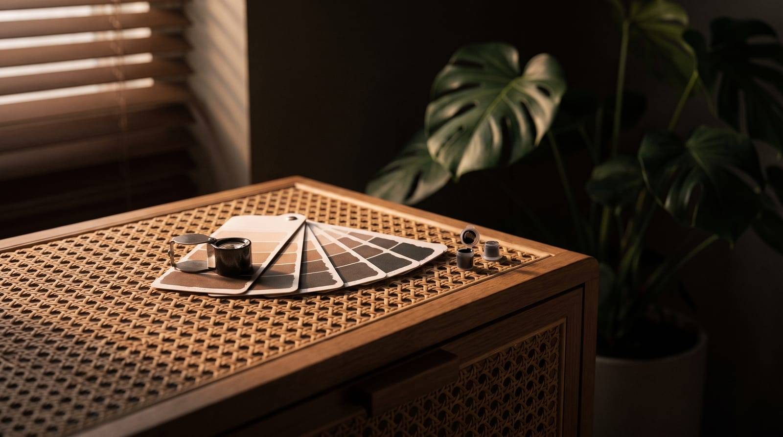 A jewellers loupe, a graded shade card and open pigment caps on the clean desk at Kennedy SMP Studio, Haverhill, the precise colour-matching behind blending a scar into the surrounding tone