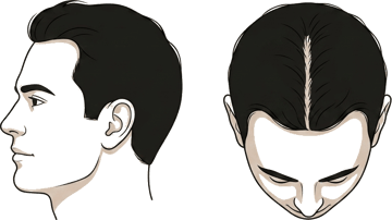 Norwood stage 1 illustration, side profile and top-down view: A full head of hair, no recession