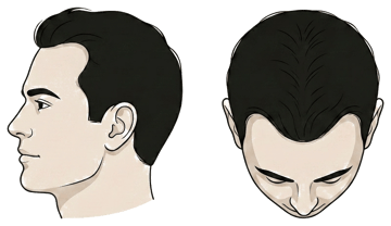 Norwood stage 3 illustration, side profile and top-down view: Deeper M or V recession at the temples