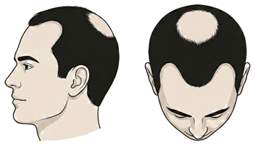 Norwood stage 3 vertex illustration, side profile and top-down view: M temples plus a thinning crown
