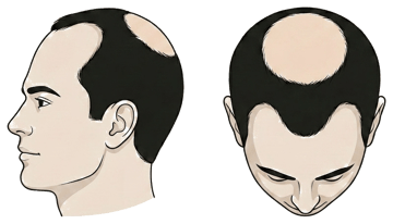 Norwood stage 4 illustration, side profile and top-down view: Hairline further back, a distinct crown patch