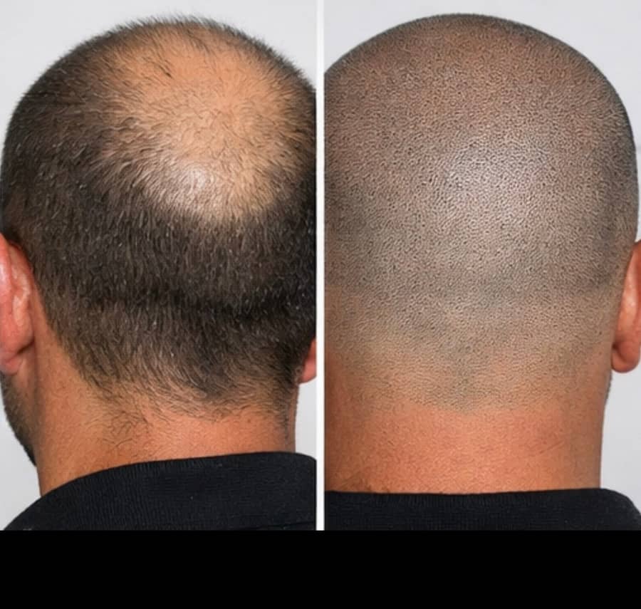 Before and after scalp micropigmentation adding even shading across a thinning crown viewed from behind on a male client at Kennedy SMP Studio