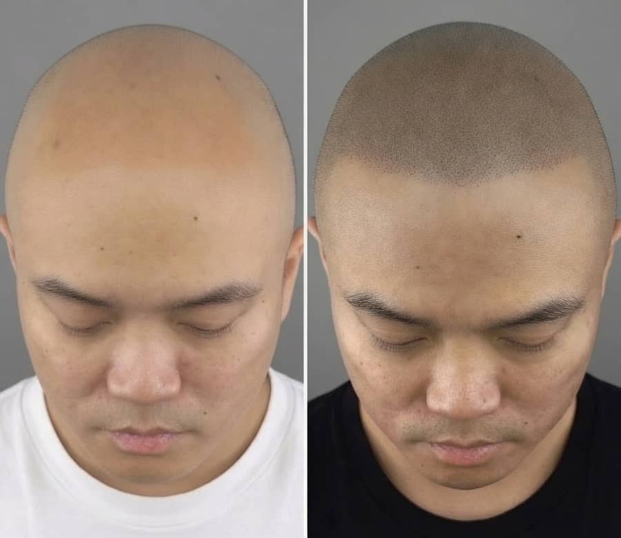 Before and after scalp micropigmentation recreating a closely-shaved look with a defined front hairline across a bald scalp on a male client at Kennedy SMP Studio