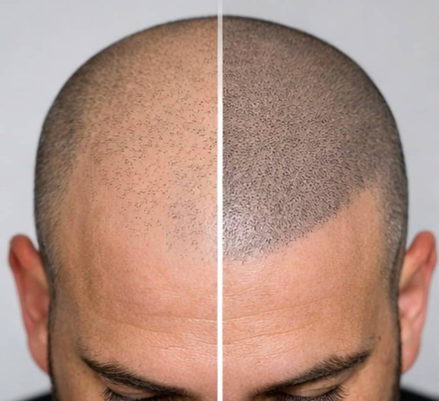 Before and after scalp micropigmentation rebuilding even shading and a defined hairline across a bald scalp on a male client at Kennedy SMP Studio